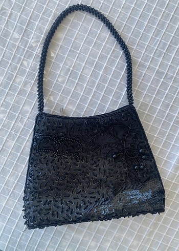 Y2k vintage boncuklu parlak siyah kol çantası