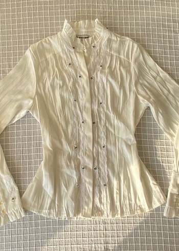 Y2k vintage coquette dantelli taşlı beyaz gömlek