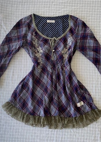 Y2k vintage coquette fairycore dantelli ekose bluz