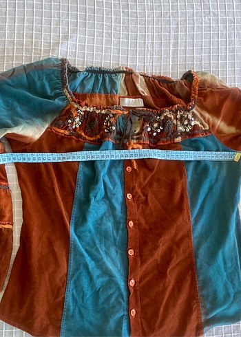 l Beden Uzun Kollu Kahverengi Batik Desenli Bohem Bluz