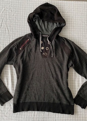 Y2k vintage downtown siyah çizgili kapüşonlu sweatshirt - Görsel 3