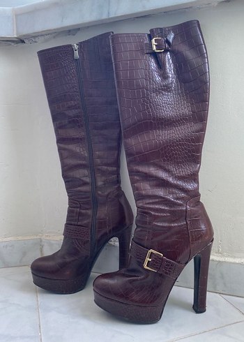 Elle y2k vintage bordo deri topuklu çizme - Görsel 5