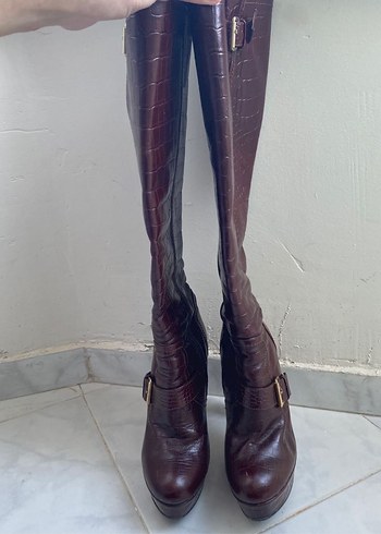 Elle y2k vintage bordo deri topuklu çizme - Görsel 4