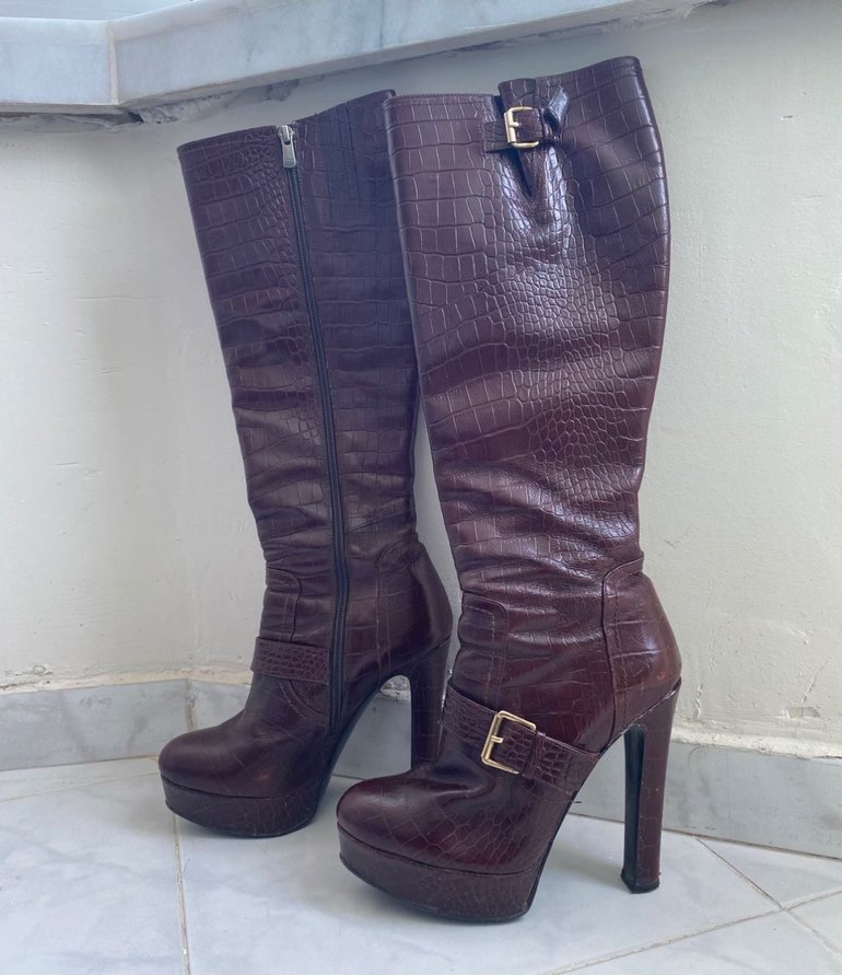 Elle y2k vintage bordo deri topuklu çizme - Görsel 5