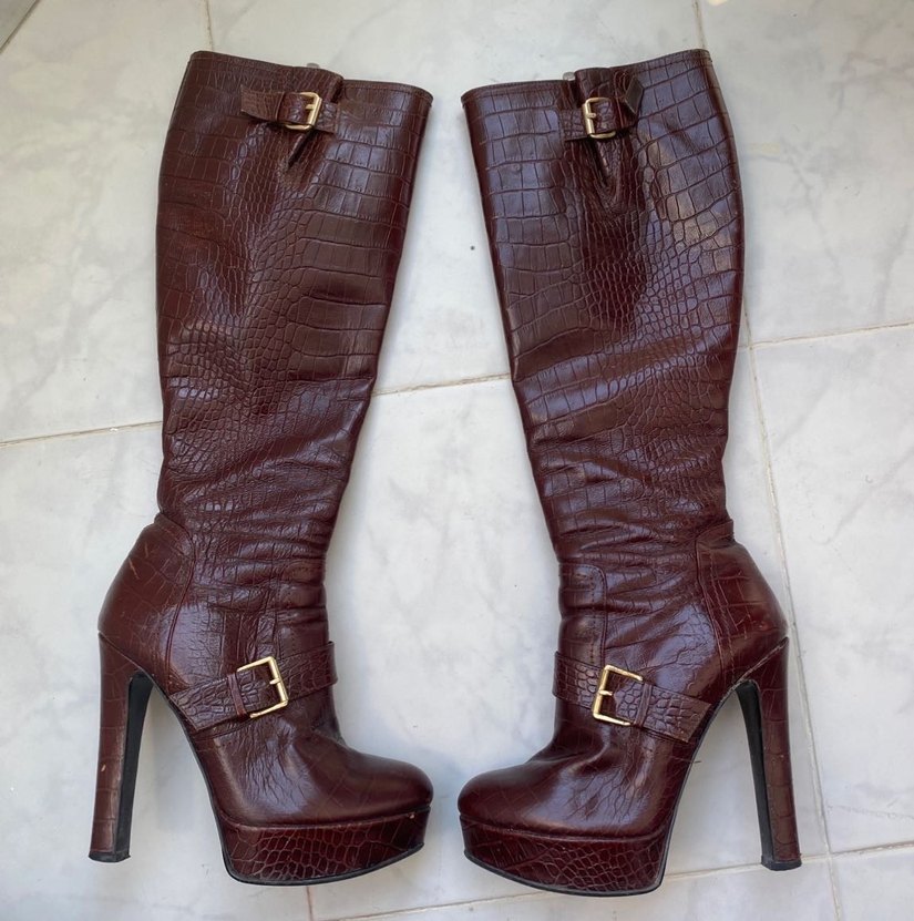 Elle y2k vintage bordo deri topuklu çizme - Görsel 2