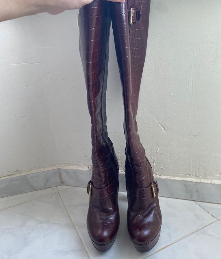 Elle y2k vintage bordo deri topuklu çizme - Görsel 4