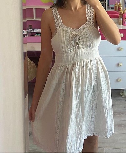 American Vintage Coquette y2k lolita krem dantelli elbise