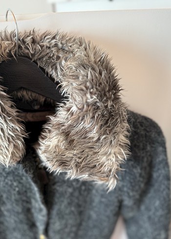 Gri Kadın Yün Kürklü Midi Ceket - Görsel 3