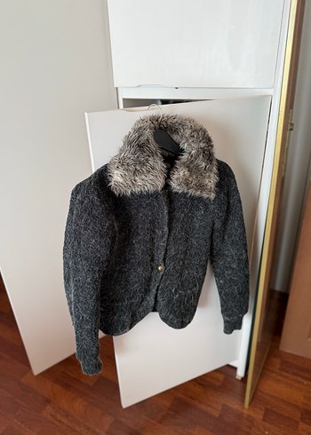 Gri Kadın Yün Kürklü Midi Ceket - Görsel 2