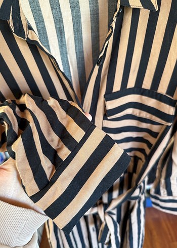 Kahverengi Çizgili Uzun Kadın Elbise - Görsel 3