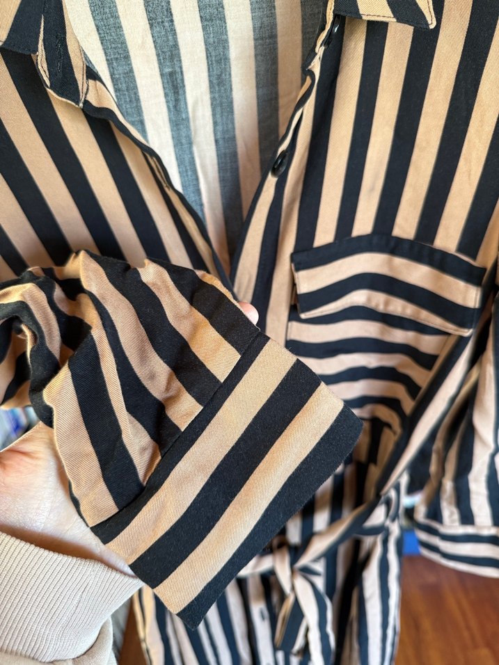 Kahverengi Çizgili Uzun Kadın Elbise - Görsel 3