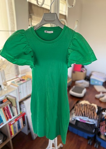 Yeşil Kısa Kollu Fırfırlı Midi Elbise - Görsel 2