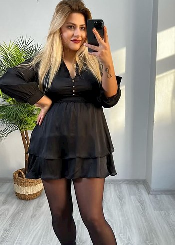 diğer Beden Siyah V Yaka Uzun Kollu Mini Elbise