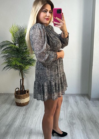 Diğer Gri Yılan Desenli V Yakalı Mini Elbise