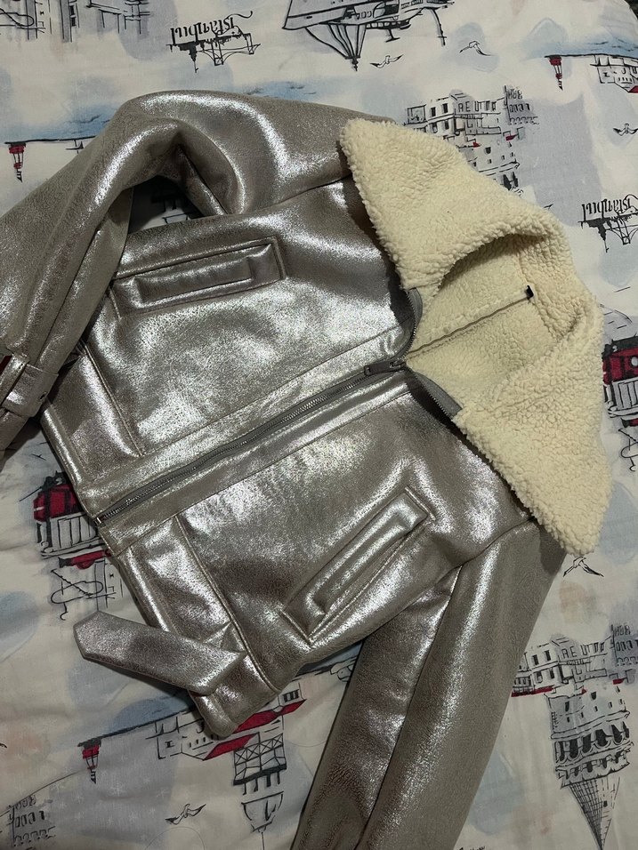 Gümüş Kürklü Deri Kadın Mont - Görsel 2