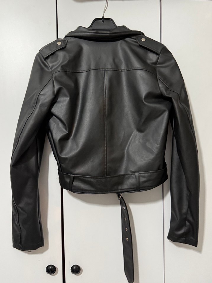 Kadın Siyah Kısa Deri Biker Ceket - Görsel 3