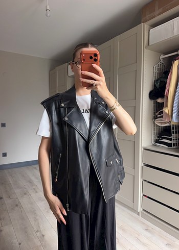 Zara Siyah Deri Biker Yelek
