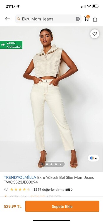 Ekru yüksek bel slim mom jeans