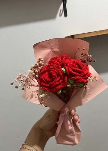 Kırmızı Örgü Çiçekli buket - Görsel 4