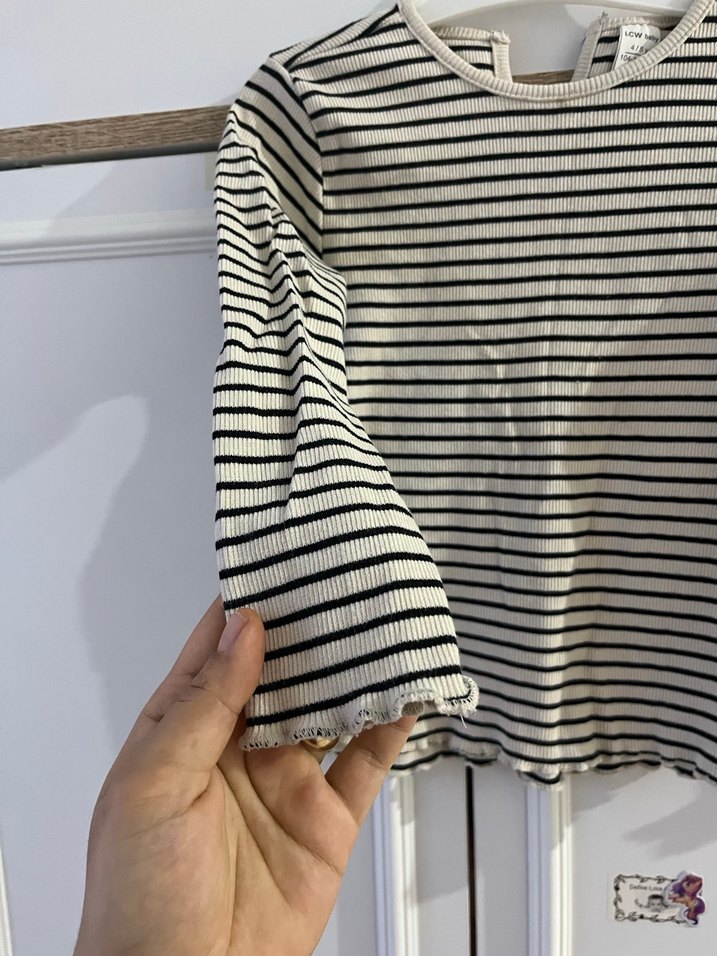 Kız Çocuk Siyah Beyaz Çizgili Pamuklu Bluz - Görsel 2