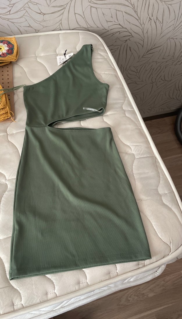 Haki Drapeli Straplez Mini Elbise - Görsel 2