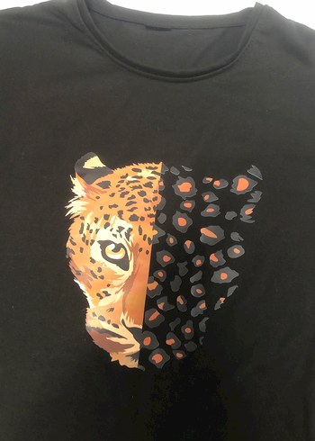 Diğer Siyah Leopar Baskılı Battal Beden T-shirt