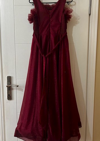 Bordo Uzun Abiye Elbise Fırfırlı Detayl - Görsel 3