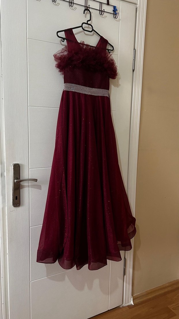 Bordo Uzun Abiye Elbise Fırfırlı Detayl - Görsel 5