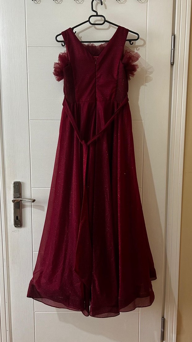 Bordo Uzun Abiye Elbise Fırfırlı Detayl - Görsel 3