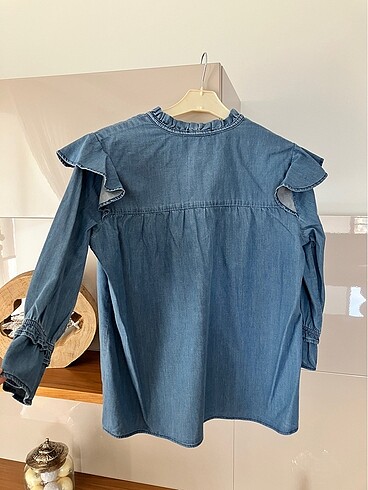 xs Beden mavi Renk Mavi fırfırlı denim kot gömlek