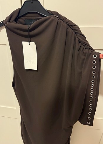 Zara Kahverengi Drapeli Elbise - Görsel 7