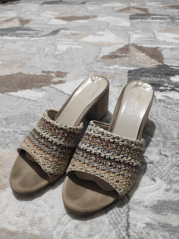 Bej Örgü Desenli Kadın Topuklu Terlik - Görsel 3