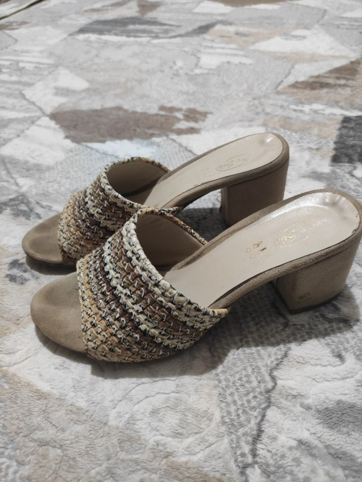 Bej Örgü Desenli Kadın Topuklu Terlik - Görsel 2