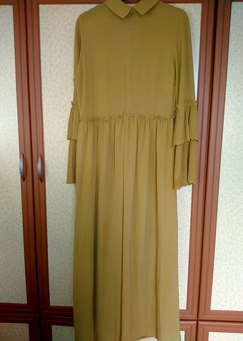 Bej Pileli Uzun Keten Elbise - Görsel 2