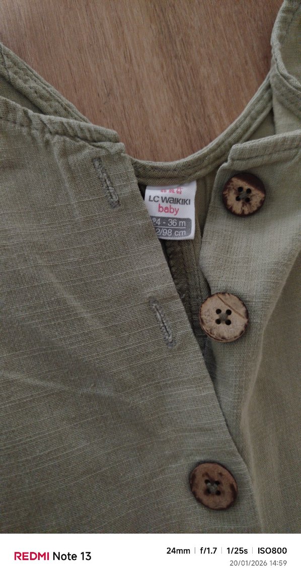 Kız Çocuk Keten Gri Düğmeli Tulum haki renk - Görsel 3