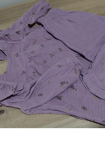 Kız Çocuk Mor Nakışlı Keten Bluz pantolon - Görsel 3