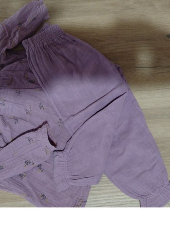 Kız Çocuk Mor Nakışlı Keten Bluz pantolon - Görsel 4