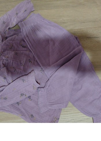 Kız Çocuk Mor Nakışlı Keten Bluz pantolon - Görsel 5