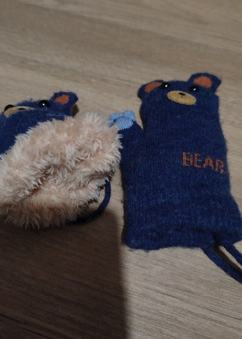 erkek  Çocuk Mavi Nakışlı Örgü Eldiven içi peluş - Görsel 2