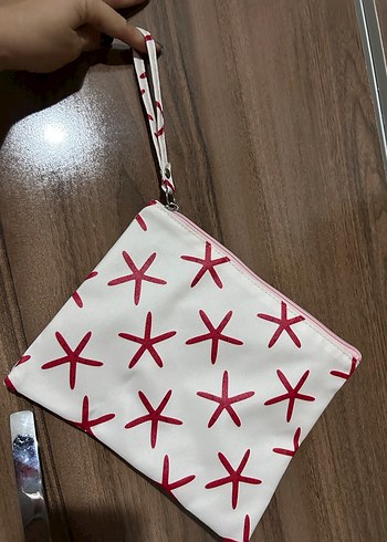 Beyaz Baskılı Fermuarlı Kadın Clutch Çanta