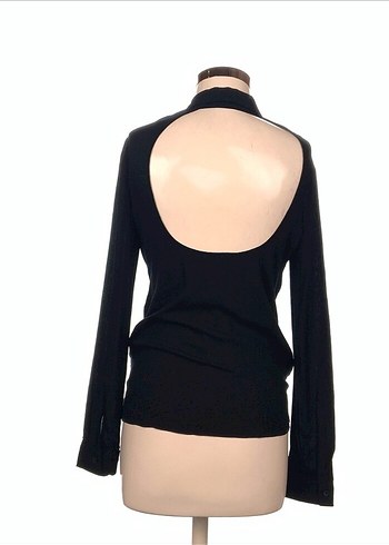 Siyah Kadın Keten Gömlek, Düğmeli, Uzun Kollu - Görsel 2