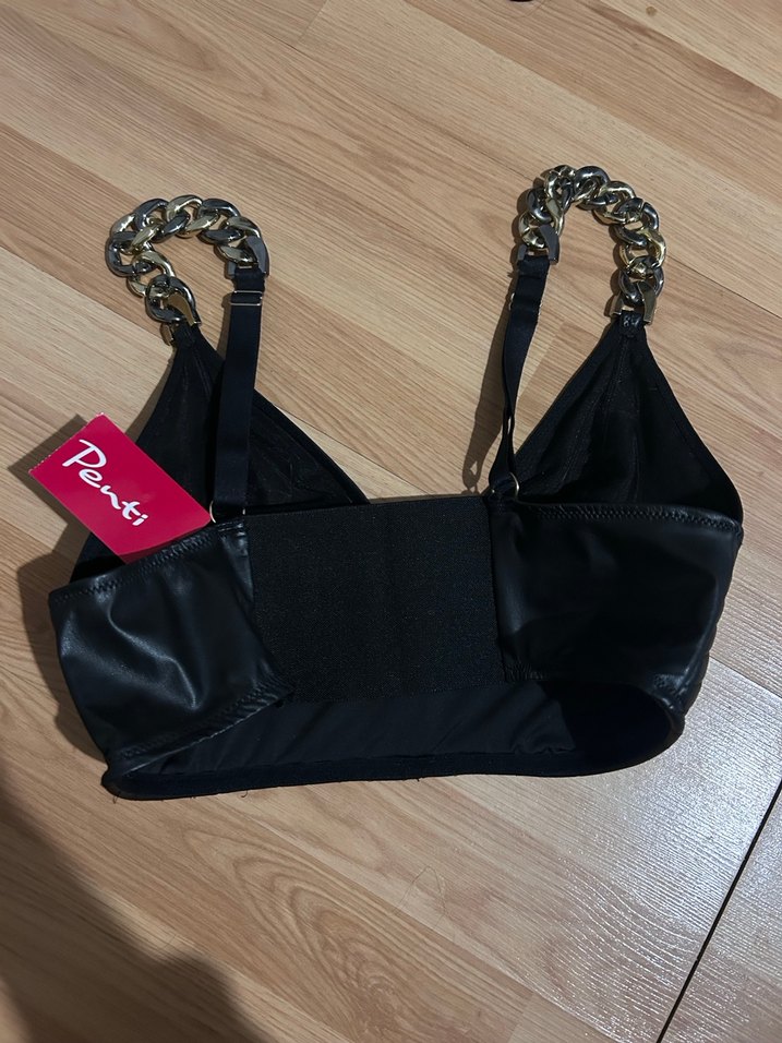 Zincir Detaylı Siyah Deri Mini Büstiyer - Görsel 2