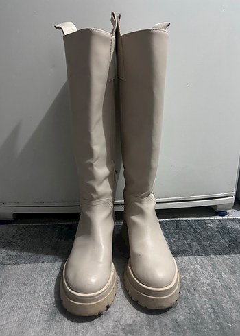 Bej Deri İnce Topuklu Dizüstü Kadın Çizme - Görsel 6