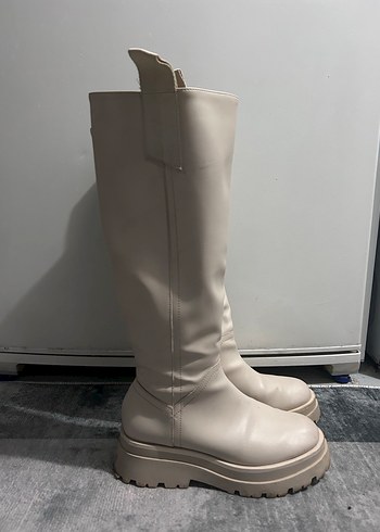 Bej Deri İnce Topuklu Dizüstü Kadın Çizme - Görsel 7