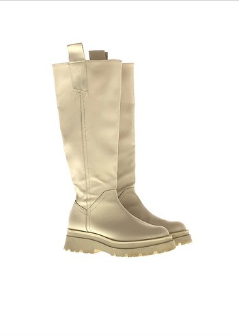 Bej Deri İnce Topuklu Dizüstü Kadın Çizme - Görsel 2