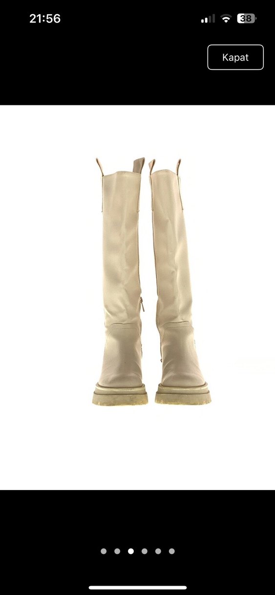 Bej Deri İnce Topuklu Dizüstü Kadın Çizme - Görsel 4