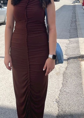 Zara Kahverengi Drapeli Uzun V Yaka Elbise