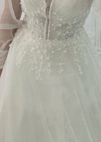 Uzun Kollu V Yaka Beyaz A Kesim Gelinlik - Görsel 2