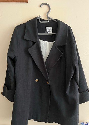 Siyah Keten Kadın Midi Blazer Ceket - Görsel 4