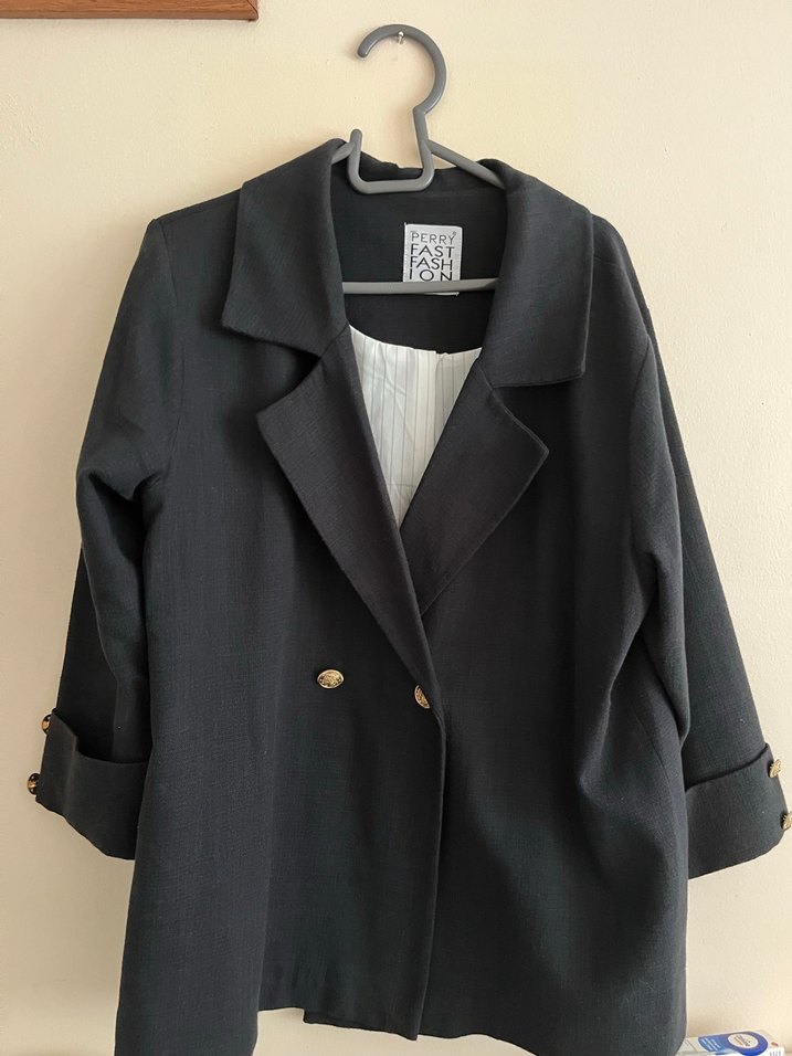 Siyah Keten Kadın Midi Blazer Ceket - Görsel 4